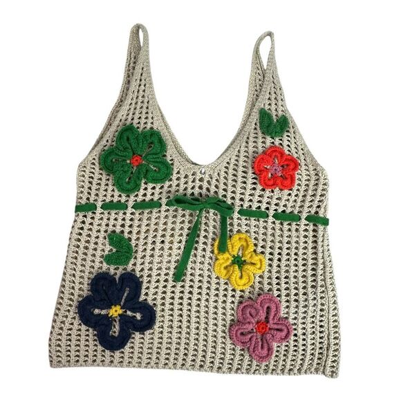 Zara Multicolor Floral Crochet Tank Top size Medium Cream - Picture 5 of 11